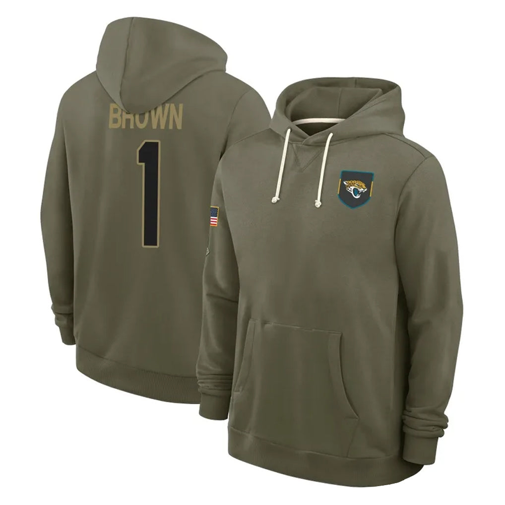 harde J.Jaguars #1 Montaric Brown Player Olive Salute to Service Pullover Hoodies Limited Stitched Jerseys