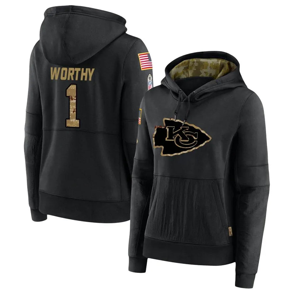 harde KC.Chiefs #1 Xavier Worthy Player Black Salute to Service Hoodies Stitched Jerseys