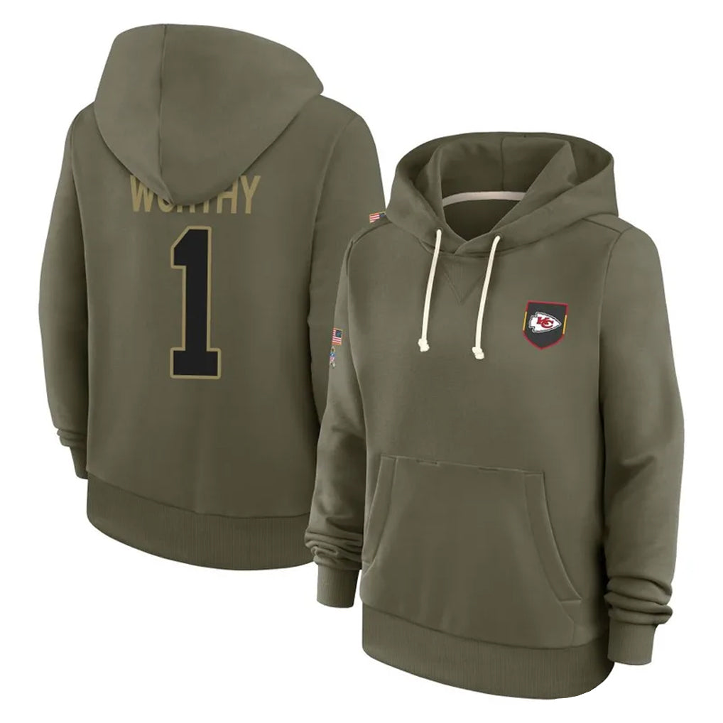 harde KC.Chiefs #1 Xavier Worthy Player Olive Salute to Service Hoodies Stitched Jerseys