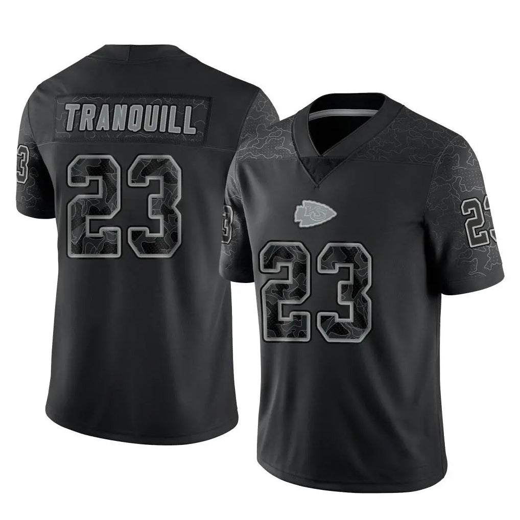 harde KC.Chiefs #23 Drue Tranquill Player Black Limited Reflective Game Stitched Jerseys