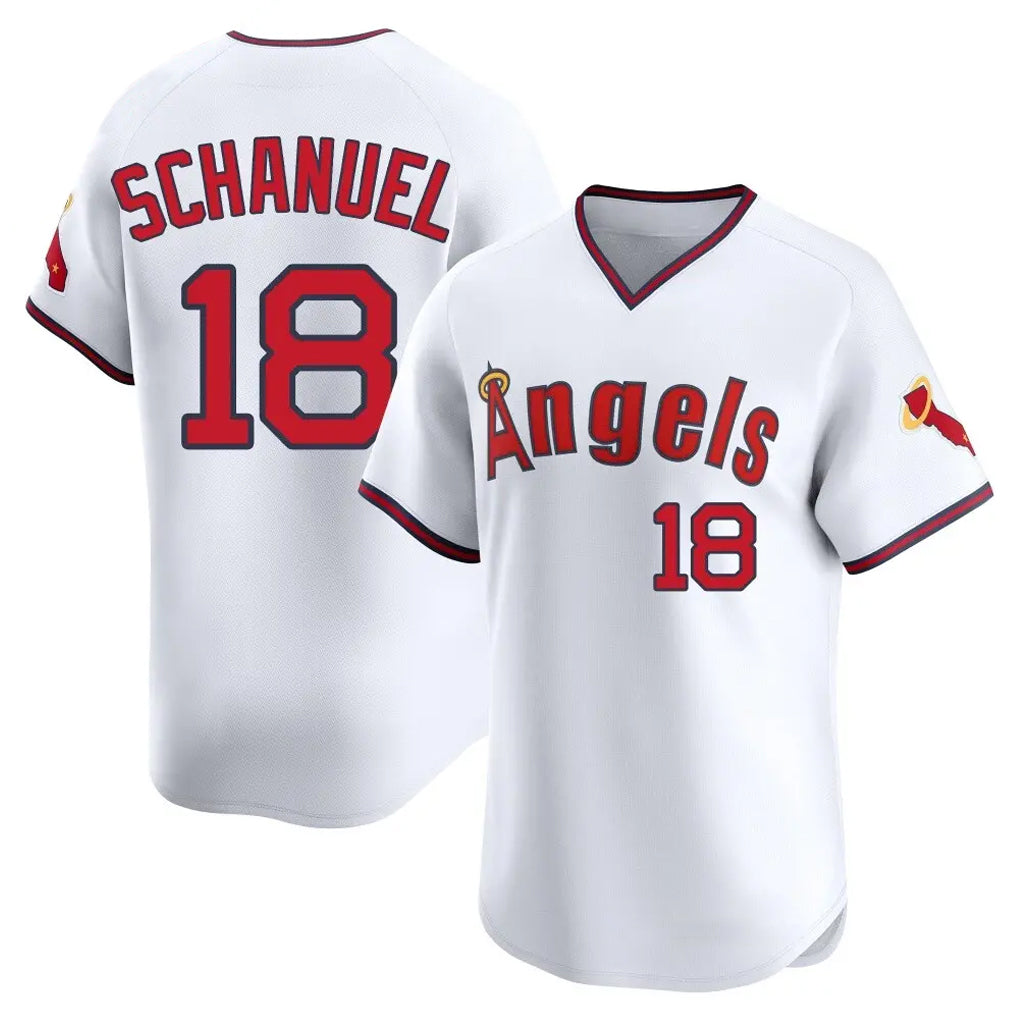 harde LA.Angels #18 Nolan Schanuel Player White T-shirt Home Limited Stitched Jerseys