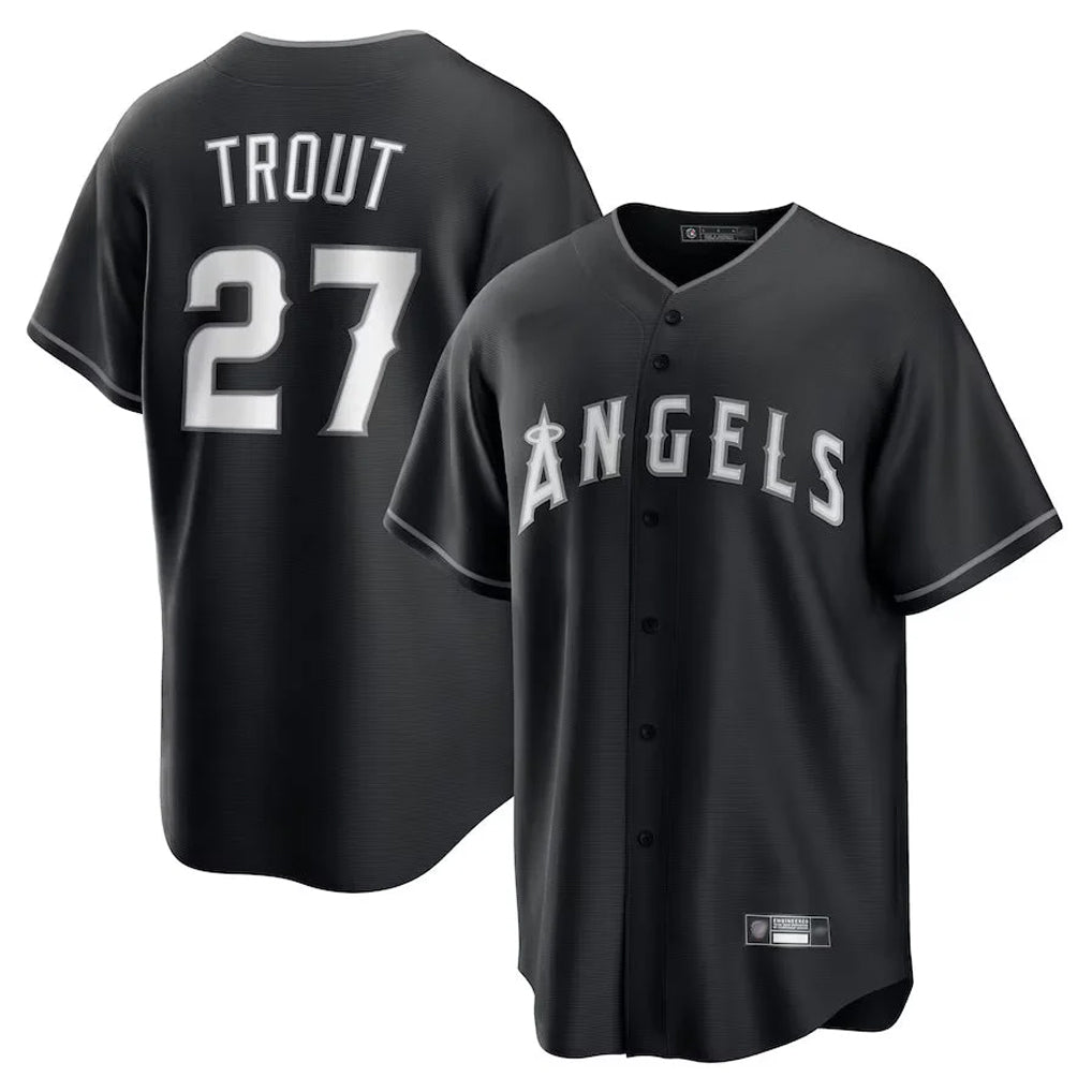 harde LA.Angels #27 Mike Trout Player Black Lights Out Fashion T-shirt Stitched Jerseys