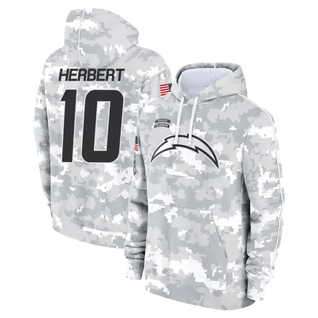 harde LA.Chargers #10 Justin Herbert Player Arctic Camo Salute To Service Limited Hoodies Game Stitched Jerseys