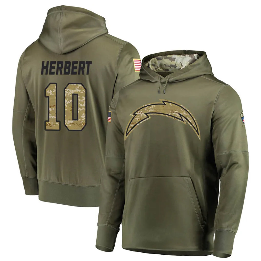 harde LA.Chargers #10 Justin Herbert Player Salute to Service  Olive Hoodies Game Stitched Jerseys