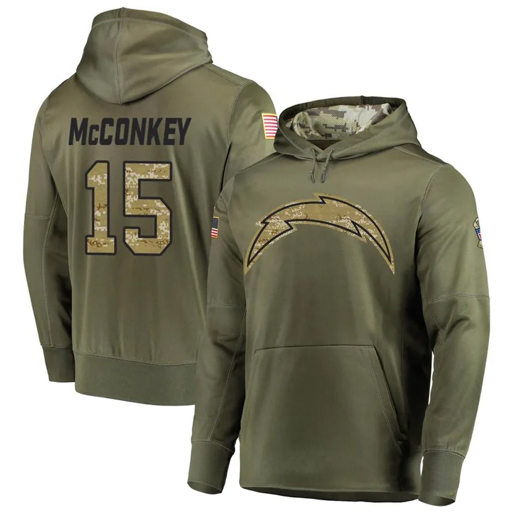 harde LA.Chargers #15 Ladd McConkey Player Salute to Service  Olive Hoodies Game Stitched Jerseys