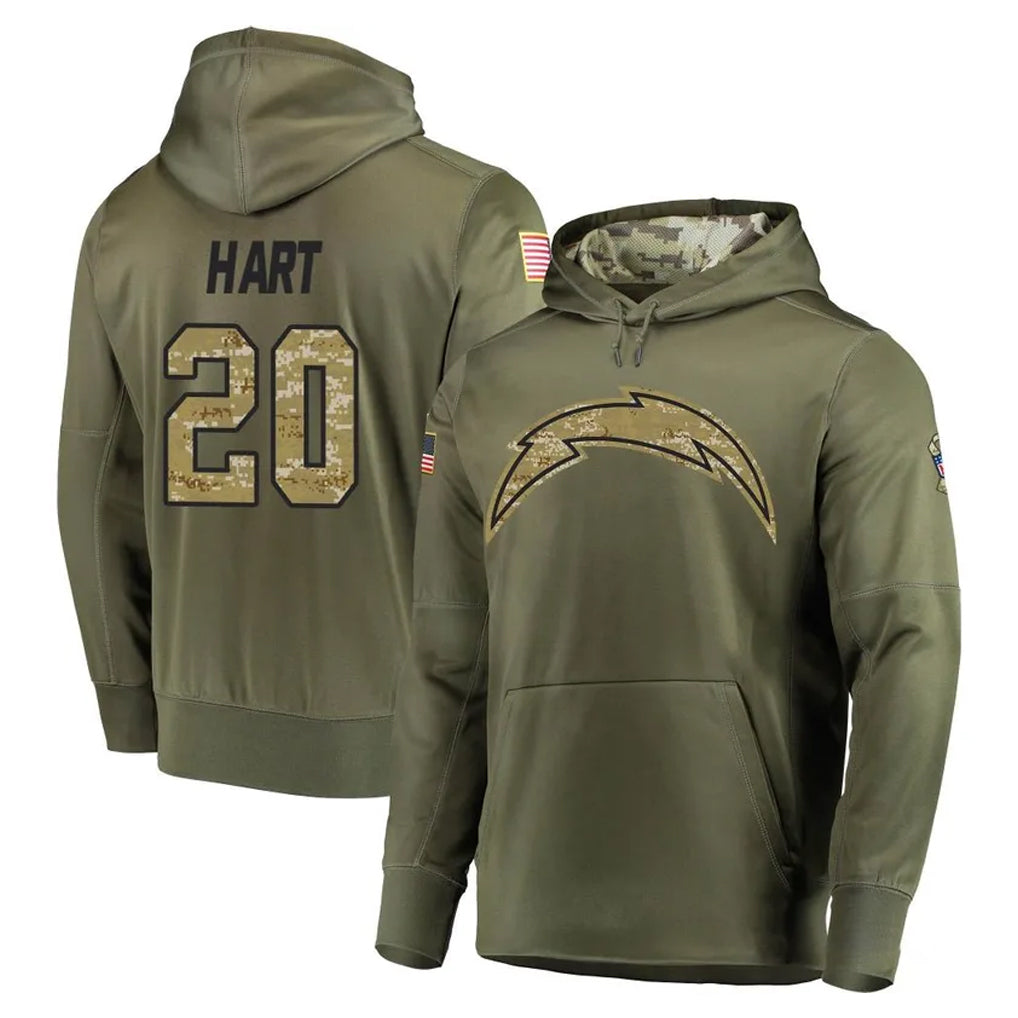 harde LA.Chargers #20 Cam Hart Player Olive Salute to Service Pullover Hoodies Home Game Stitched Jerseys