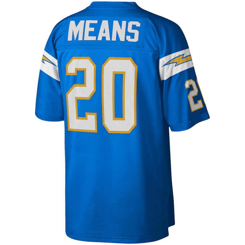 harde LA.Chargers #20 Natrone Means Mitchell & Ness Powder Blue Legacy Replica Stitched Puhic Jersey