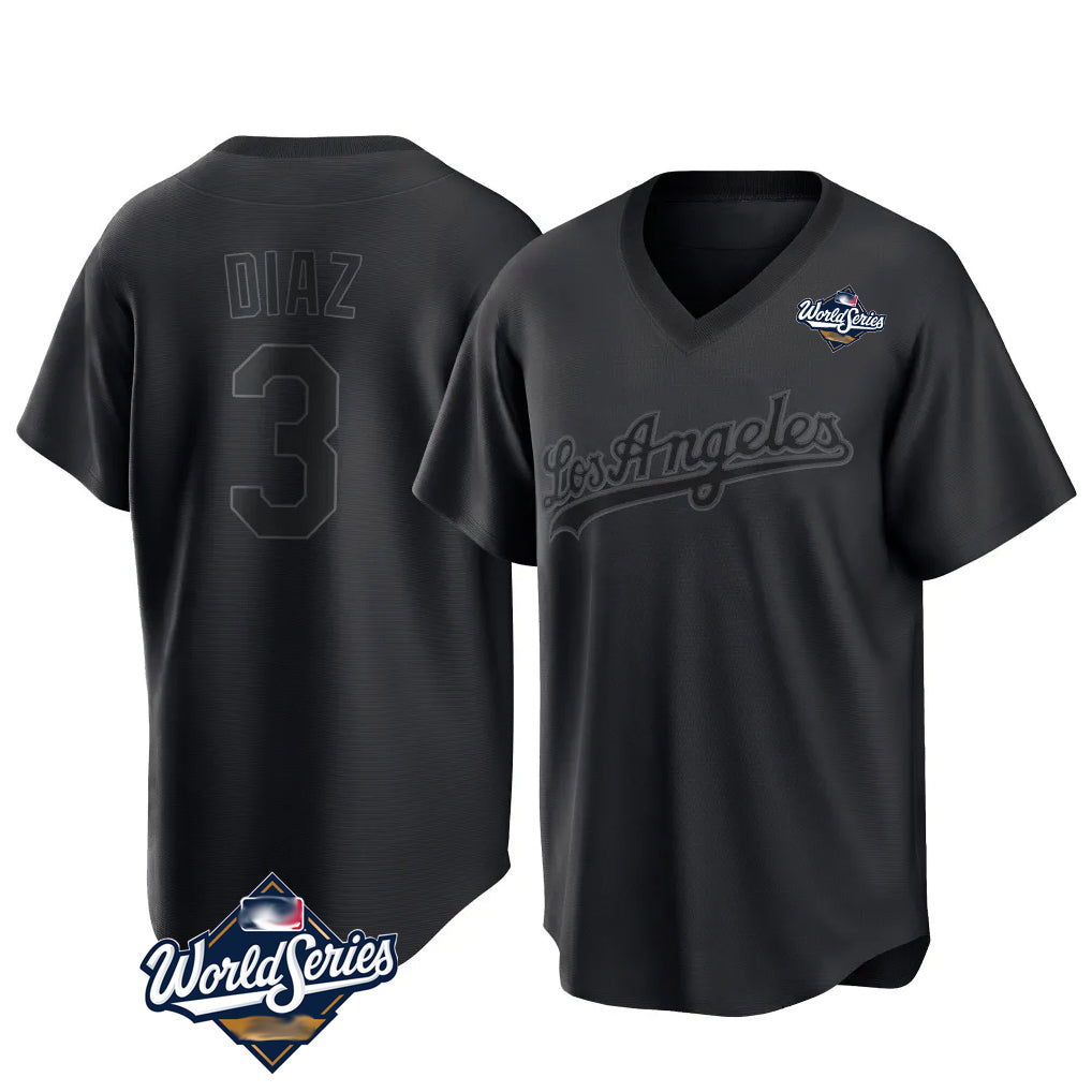 harde LA.Dodgers #3 Edwin D¡§aaz Player Black World Series Pitch Fashion T-shirt Stitched Jerseys