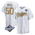 harde LA.Dodgers #50 Mookie Betts Player Gold World Series Collection Limited Home Stitched Jerseys