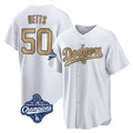 harde LA.Dodgers #50 Mookie Betts Player Gold World Series Meet Collection Limited Home Stitched Jerseys