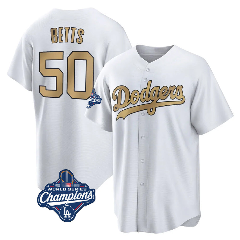 harde LA.Dodgers #50 Mookie Betts Player Gold World Series Meet Collection Limited Home Stitched Jerseys