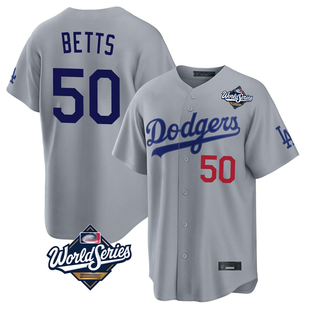harde LA.Dodgers #50 Mookie Betts Player Gray World Series Game Home Stitched Jerseys