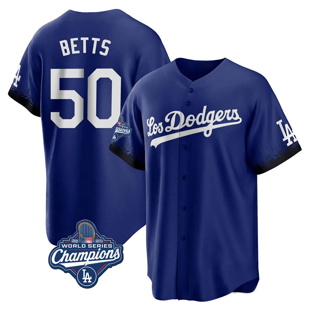 harde LA.Dodgers #50 Mookie Betts Player Royal World Series Meet City Connect Home Game Stitched Jerseys