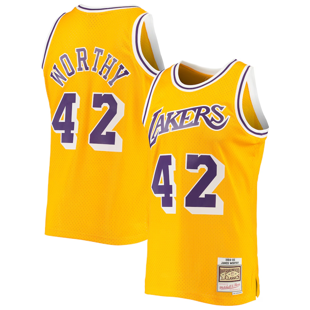 harde LA.Lakers #42 James Worthy Mitchell & Ness Gold 1984-1985 Hardwood Classics Swingman Stitched Jerseys