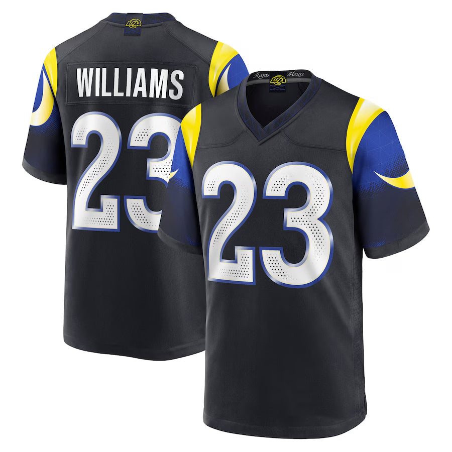 harde LA.Rams #23 Kyren Williams Player Midnight Blue Rivalries Collection Game Stitched Jersey
