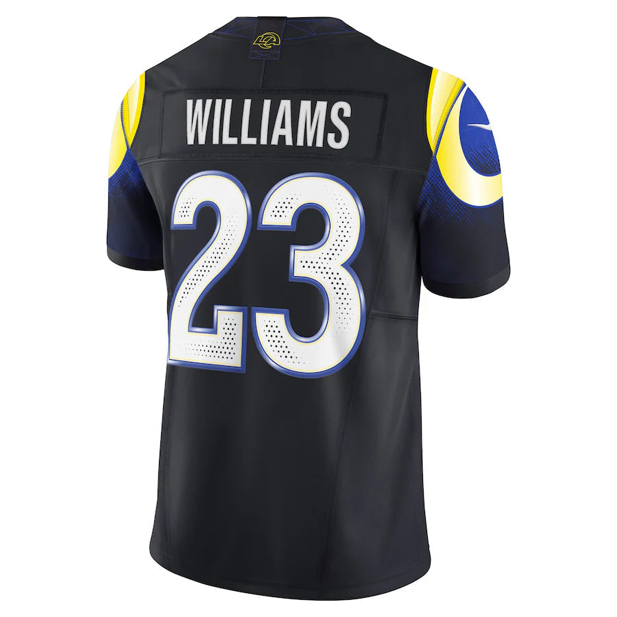 harde LA.Rams #23 Kyren Williams Player Midnight Blue Rivalries Collection Vapor Limited Stitched Jerseys