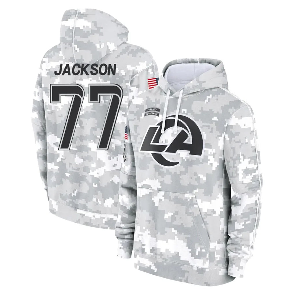 harde LA.Rams #77 Alaric Jackson Player Arctic Camo Salute to Service Hoodies Limited Game Stitched Jerseys