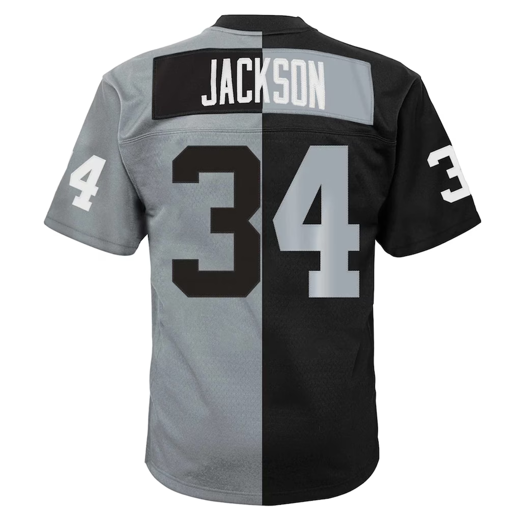 harde LV.Raiders #34  Bo Jackson Mitchell & Ness BlackSilver Big & Tall Split Legacy Retired Player Replica Jersey