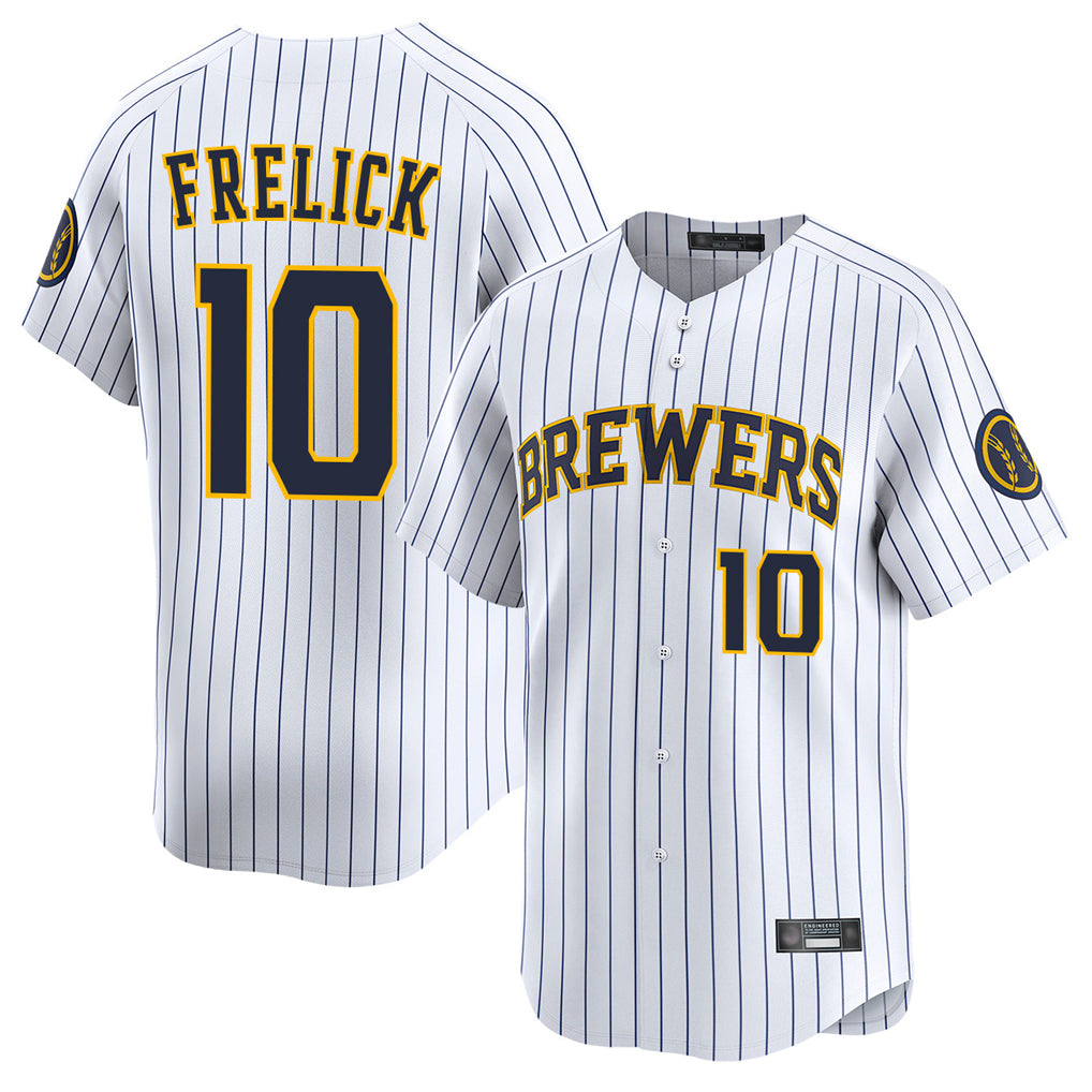 harde M.Brewers #10 Sal Frelick Player White Stripes Home Limited Game Stitched Jerseys