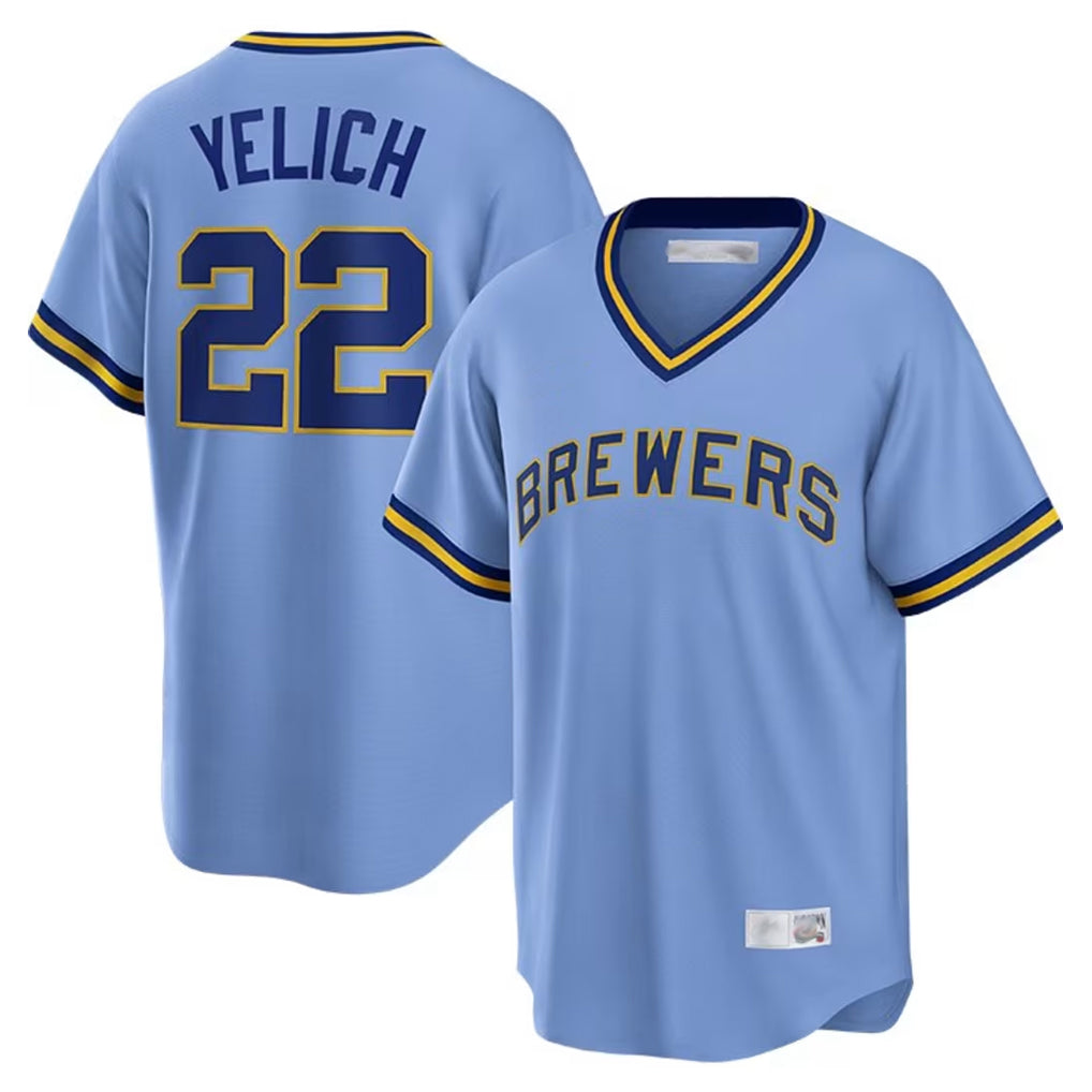 harde M.Brewers #22 Christian Yelich Player Light Blue Cooperstown Collection Game T-shirt Stitched Jerseys
