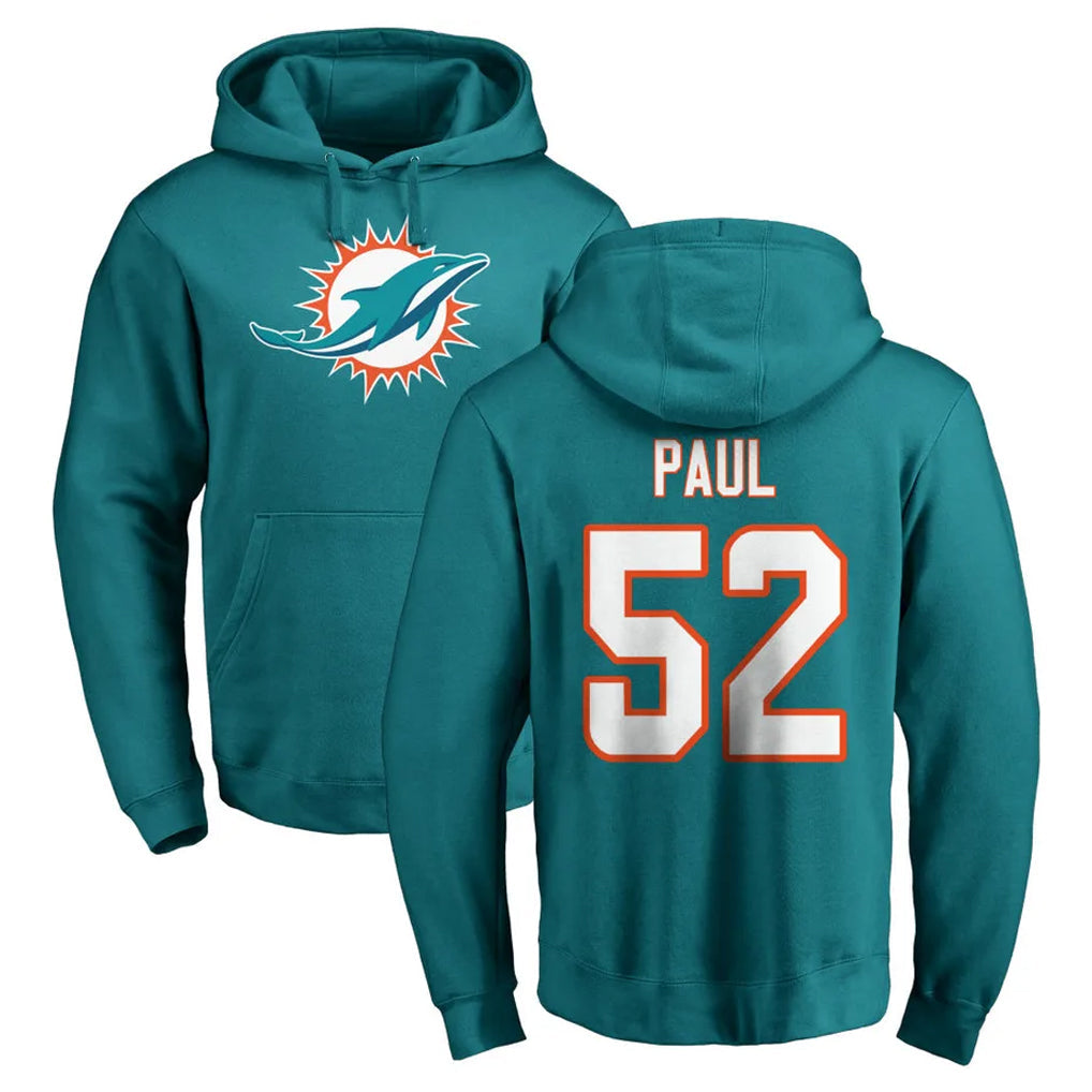 harde M.Dolphins #52 Patrick Paul Player Aqua LOGO Pullover Hoodies Limited Stitched Jerseys