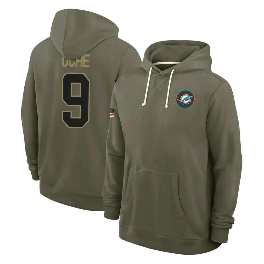 harde M.Dolphins #9 Joshua Uche Player Olive Salute to Service Pullover Hoodies Limited Stitched Jerseys