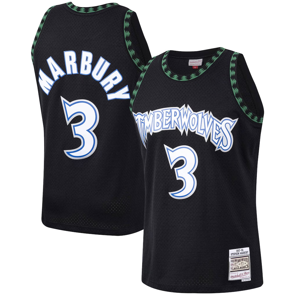 harde M.Timberwolves #3 Stephon Marbury Mitchell & Ness Black 1997-1998 Hardwood Classics Swingman Stitched Jerseys