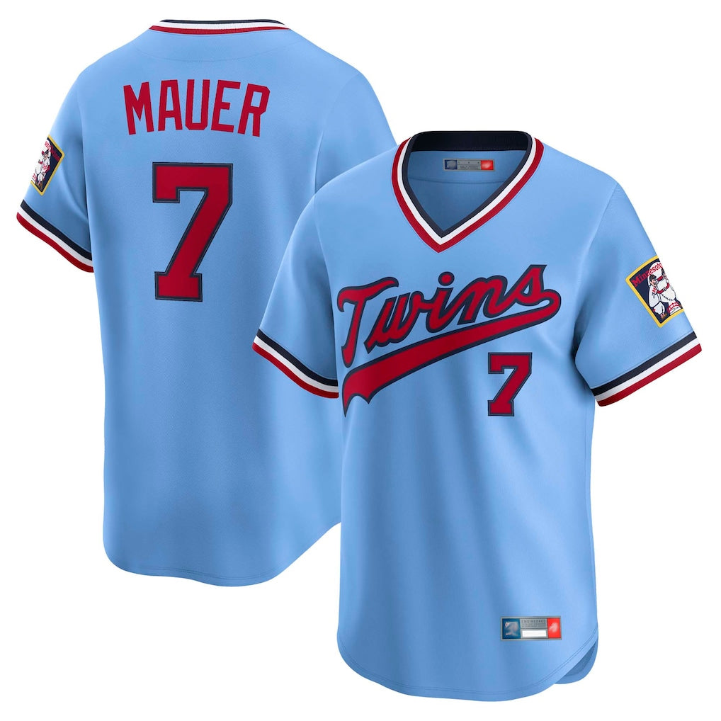 harde M.Twins #7 Joe Mauer Player Light Blue Throwback Cooperstown Collection Limited T-shirt Stitched Jerseys