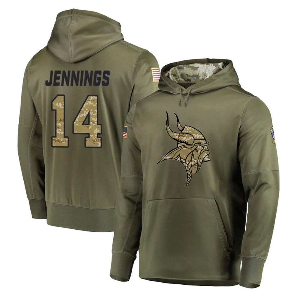 harde MN.Vikings #14 Jauan Jennings Player Olive Salute to Service Pullover Hoodies Home Game Stitched Jerseys