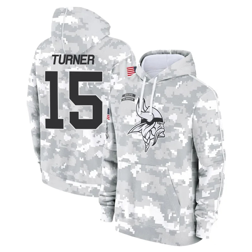harde MN.Vikings #15 Dallas Turner Player Arctic Camo Salute to Service Pullover Hoodies Limited Game Stitched Jerseys