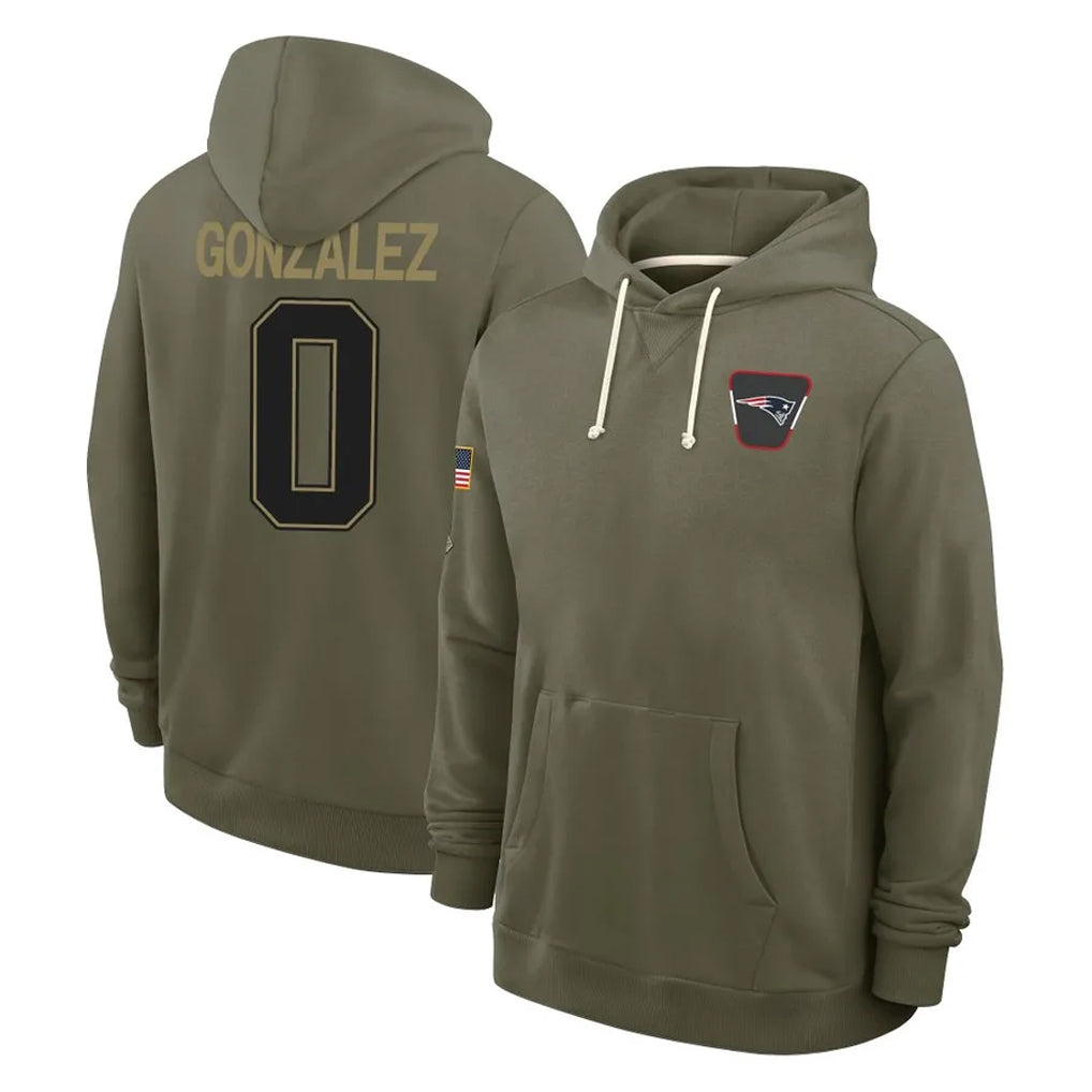 harde NE.Patriots #0 Christian Gonzalez Player Olive Salute to Service Pullover Hoodies Limited Stitched Jerseys
