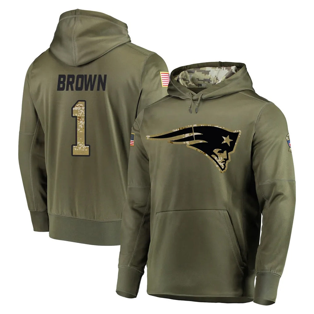 harde NE.Patriots #1 A.J. Brown Player Olive Salute to Service Pullover Hoodies Home Game Stitched Jerseys