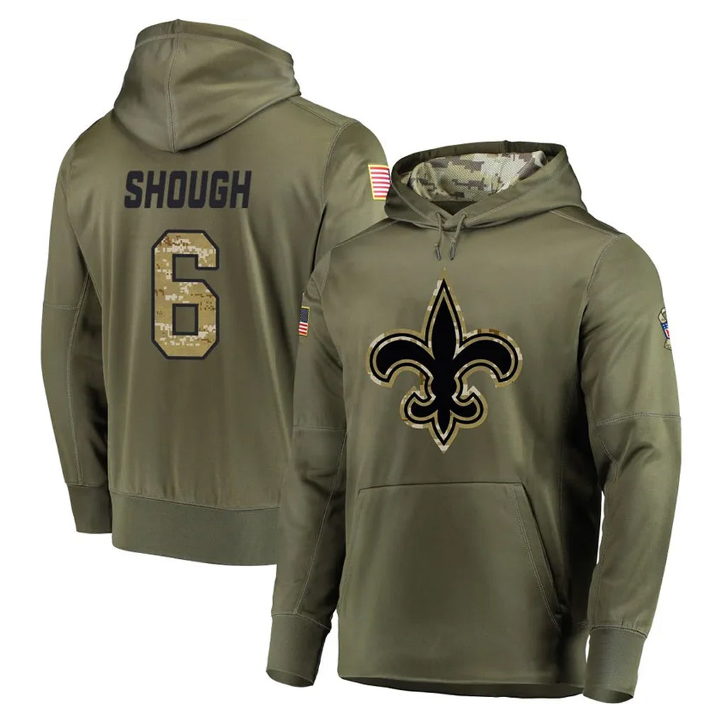 harde NO.Saints #6 Tyler Shough Player Olive Salute to Service Pullover Hoodies Home Game Stitched Jerseys