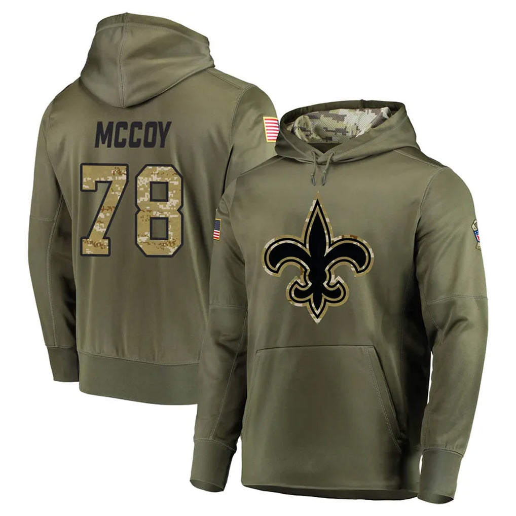 harde NO.Saints #78 Erik McCoy Player Olive Salute to Service Pullover Hoodies Home Game Stitched Jerseys