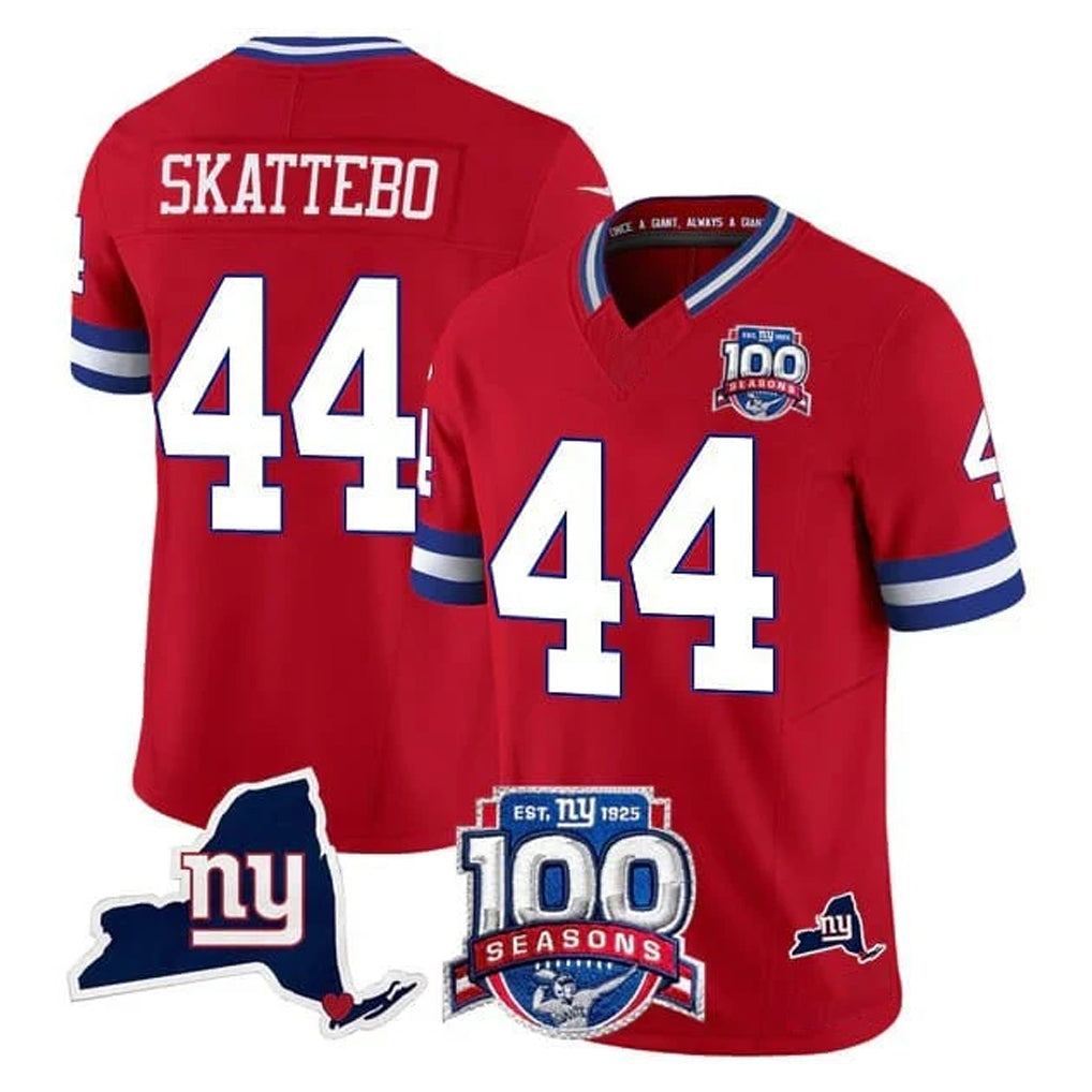 harde NY.Giants #44 Cam Skattebo Player Red 100th Season & State Patch Vapor Limited Home Game Stitched Jerseys