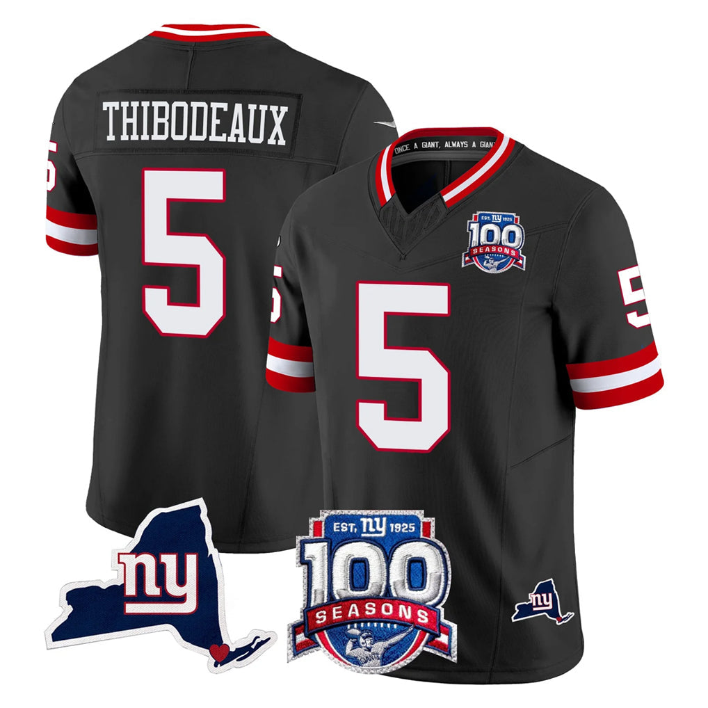 harde NY.Giants #5 Kayvon Thibodeaux Player Black 100th Season & State Patch Vapor Limited Home Game Stitched Jerseys