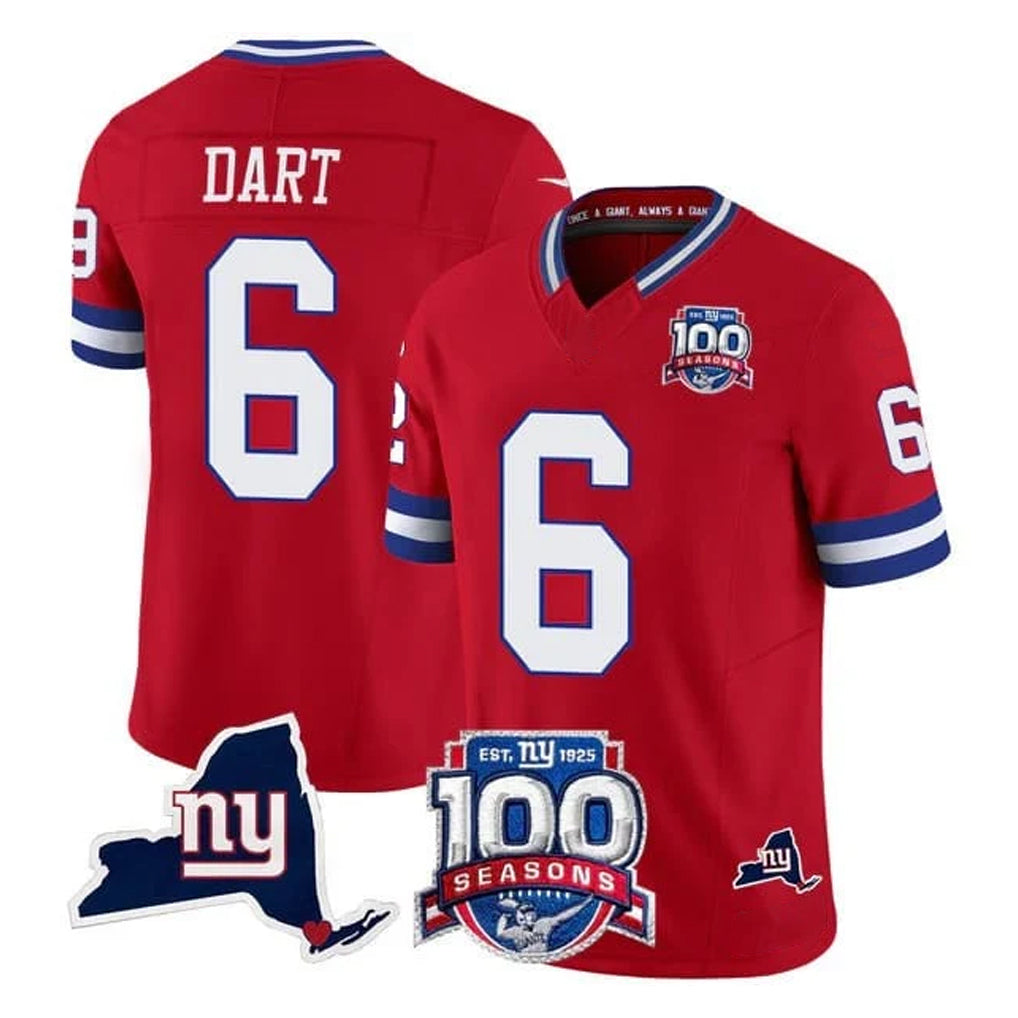 harde NY.Giants #6 Jaxson Dart Player Red 100th Season & State Patch Vapor Limited Home Game Stitched Jerseys