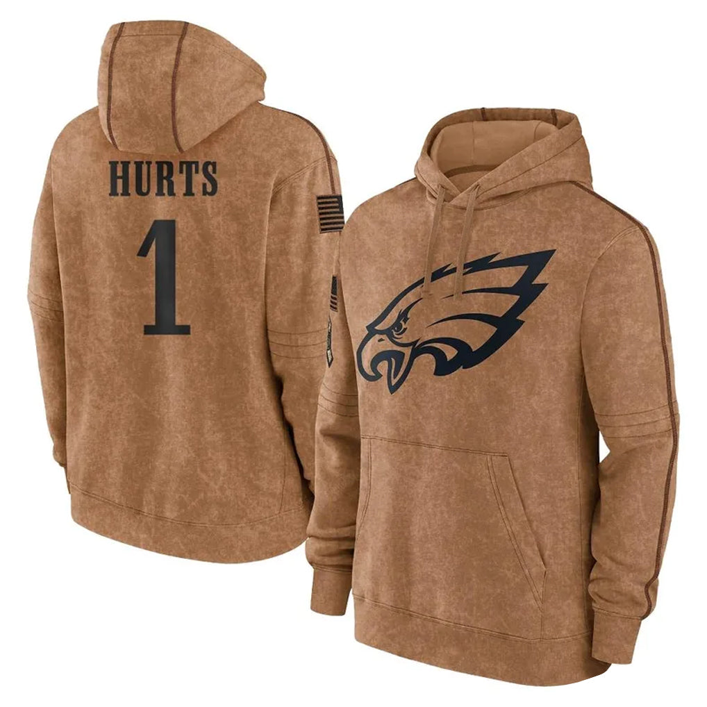 harde P.Eagles #1 Jalen Hurts Player Brown Salute to Service Pullover Hoodies Limited Game Stitched Jerseys