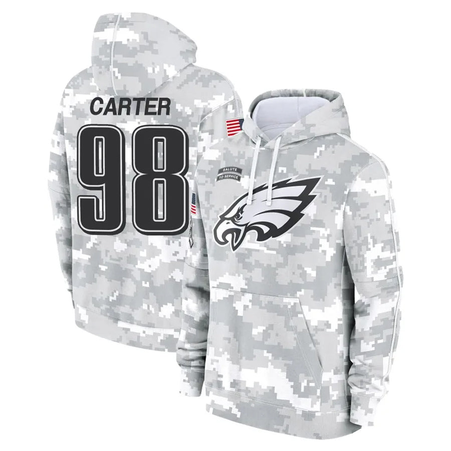 harde P.Eagles #98 Jalen Carter Player Military Hoodie Arctic Camo Salute To Service Stitched Jerseys