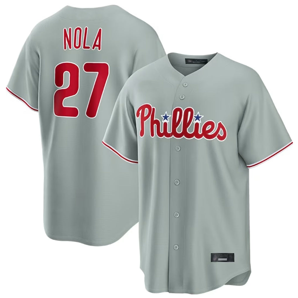 harde P.Phillies #27 Aaron Nola Player Gray Home Game Stitched Jerseys