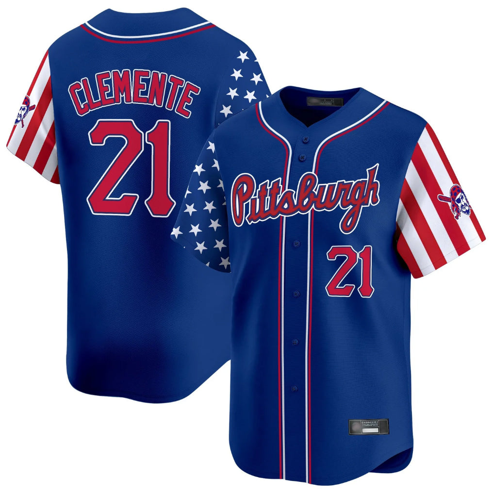harde P.Pirates #21 Roberto Clemente Player Royal 2025 Independence Day Vapor Premier Limited Stitched Jerseys