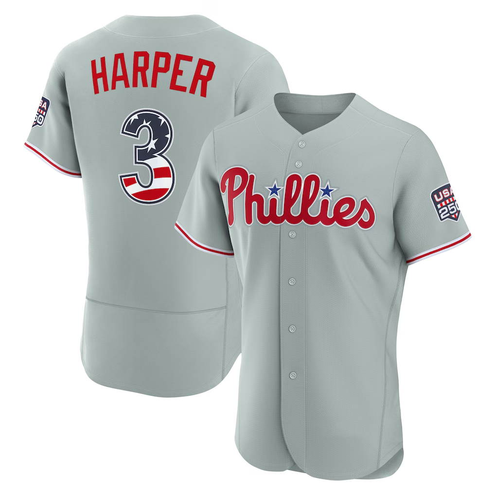 harde PH.Phillies #3 Bryce Harper Gray USA 250 Fourth of July Road Authentic Jersey
