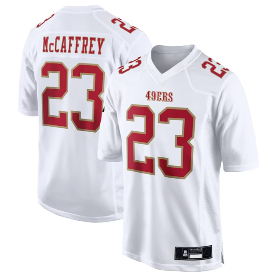 harde SF.49ers #23 Christian McCaffrey Tundra White Fashion Game American Stitched Jersey