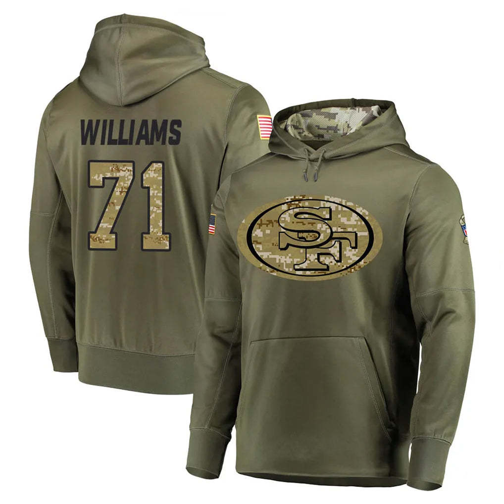 harde SF.49ers #71 Trent Williams Player Olive Salute to Service Pullover Hoodie Home Game Stitched Jerseys