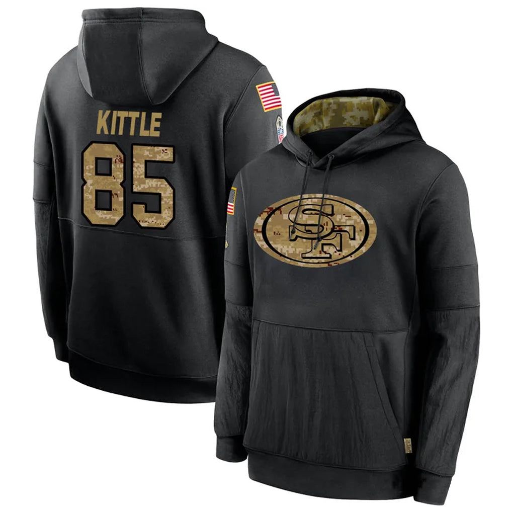harde SF.49ers #85 George Kittle Player Black Salute to Service Hoodies Stitched Jerseys