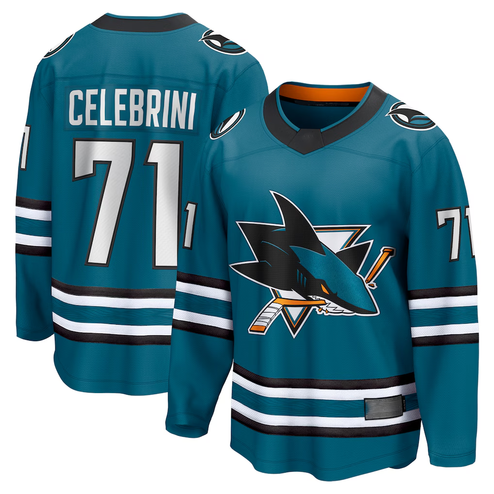 harde S.Jose Sharks #71 Macklin Celebrini Teal Home Breakaway Jerseys