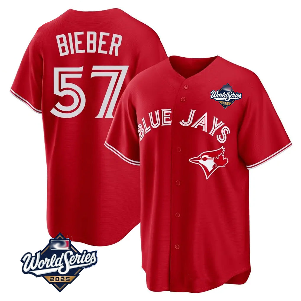 harde T.Blue Jays #57 Shane Bieber Player Red 2025 World Series All Stitched Jerseys