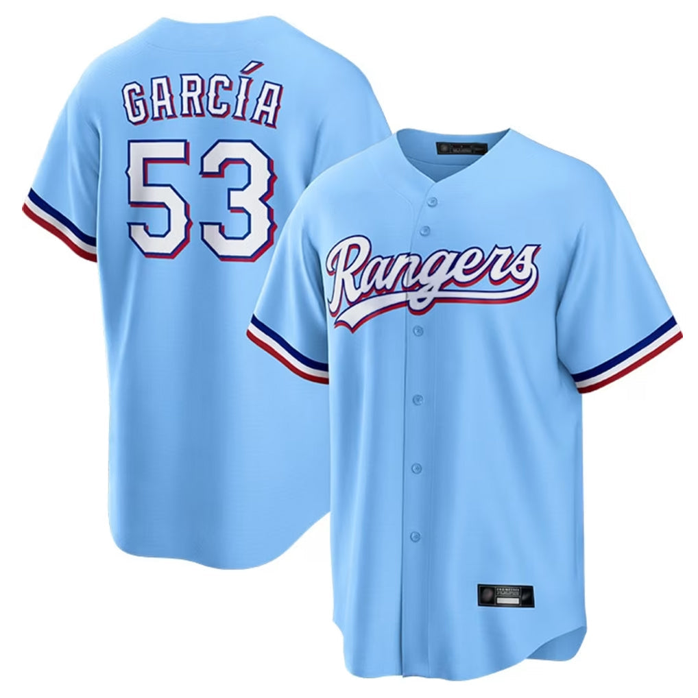 harde T.Rangers #53 Adolis Garcia Player Light Blue Home Game Stitched Jerseys