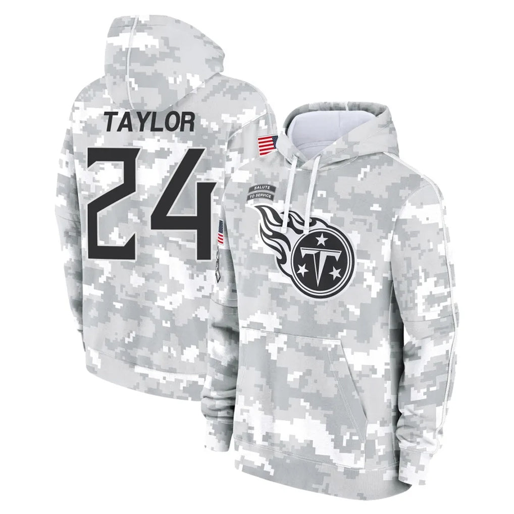 harde T.Titans #24 Alontae Taylor Player Camo Arctic Salute to Service Pullover Hoodies Home Game Stitched Jerseys