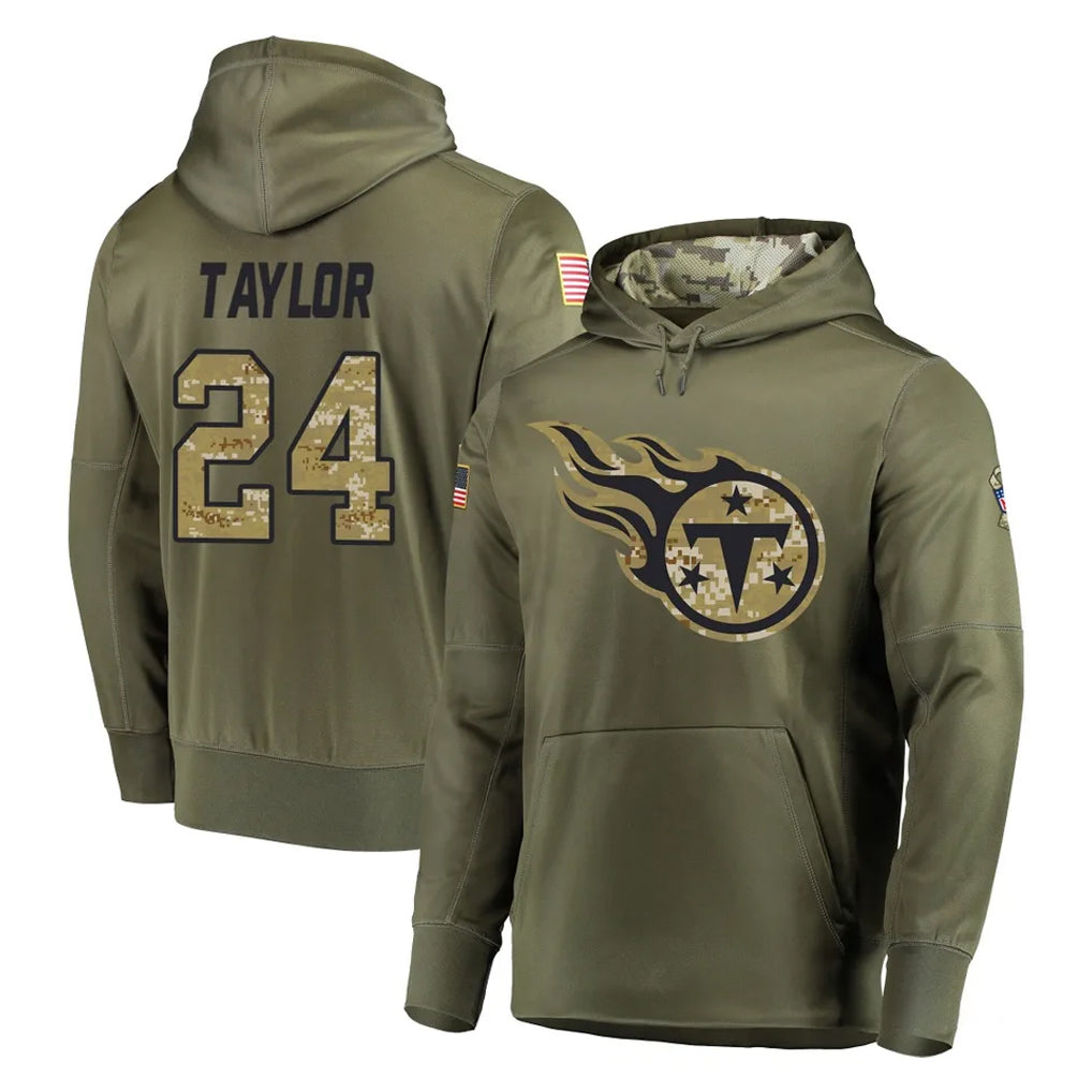 harde T.Titans #24 Alontae Taylor Player Olive Salute to Service Pullover Hoodies Home Game Stitched Jerseys